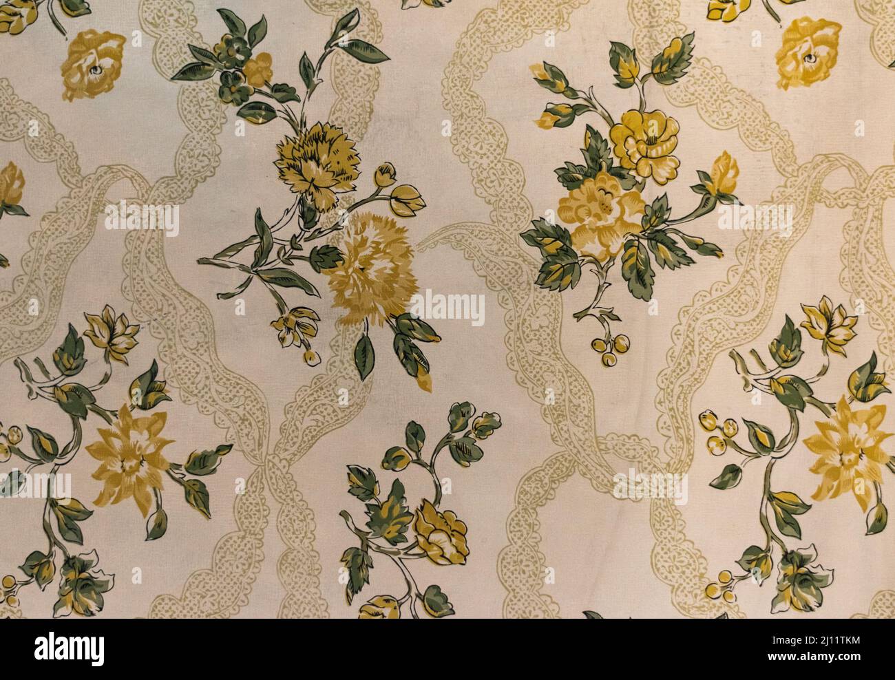 Carta da parati floreale antica con fiori gialli dall'interno della Riordan Mansion a Flagstaff, Arizona, U.S.A. Foto Stock