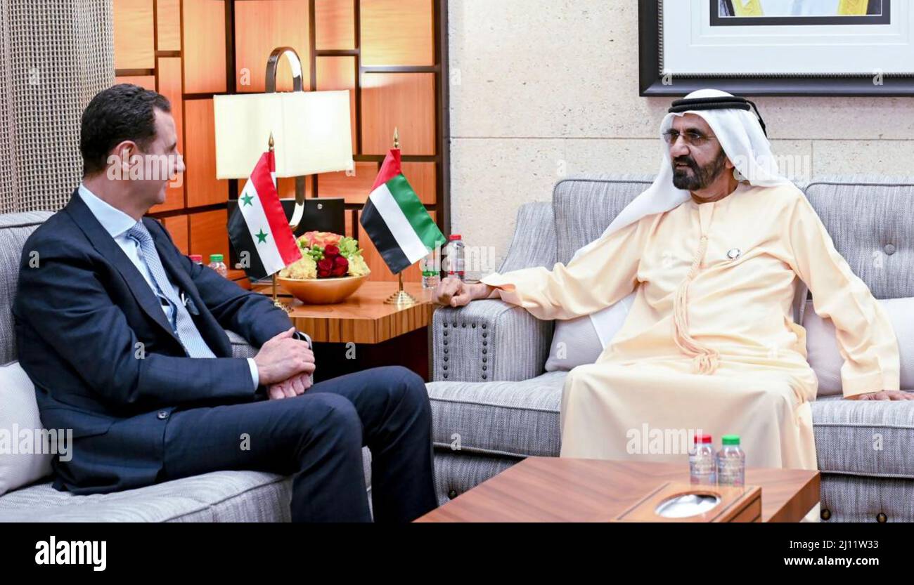 IL PRESIDENTE della Siria BASHAR al-ASSAD incontra lo sceicco degli Emirati Arabi Uniti Mohammed al-Maktoum a metà marzo 2022. Foto Stock