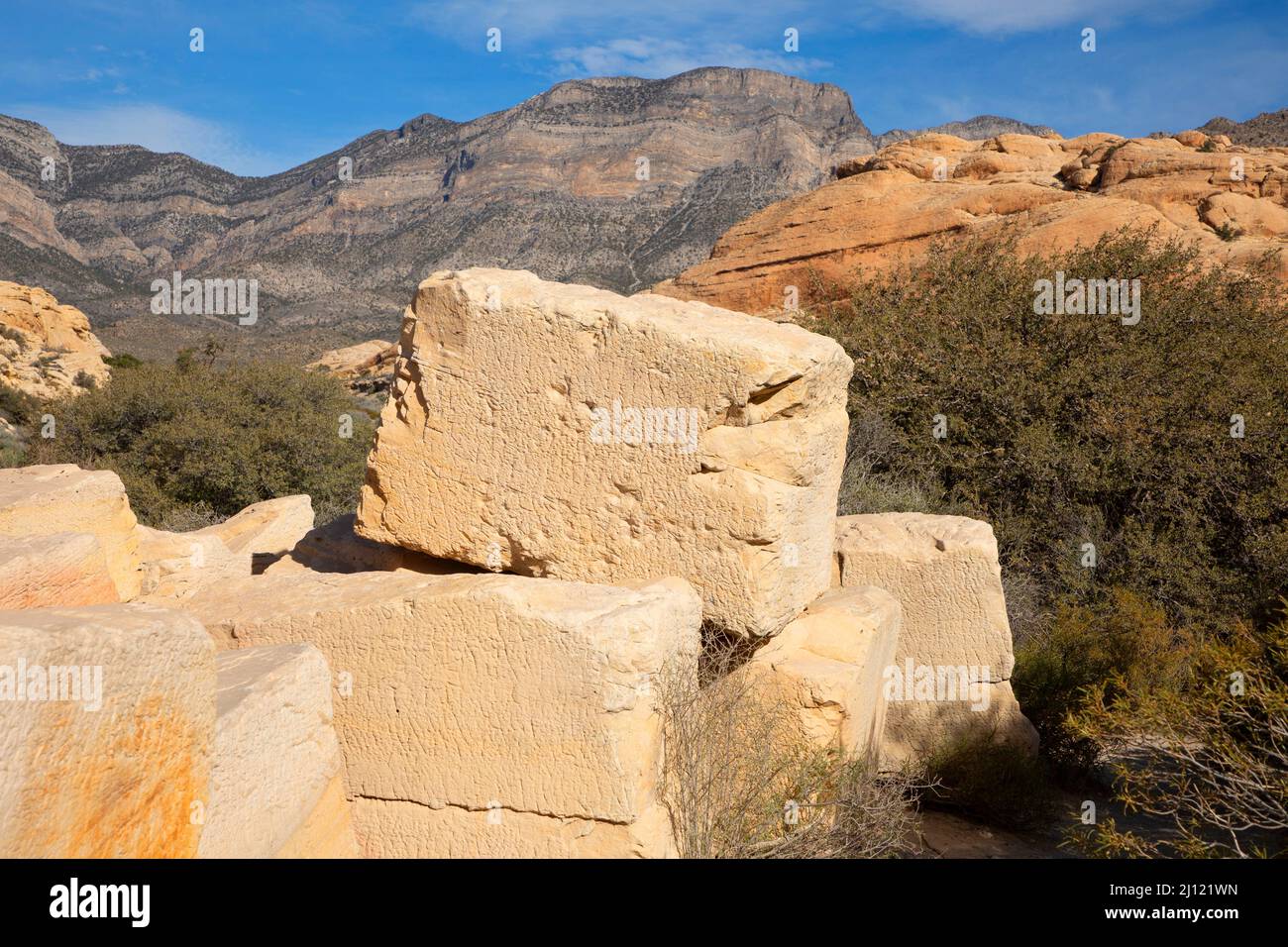 Blocchi di cava di arenaria, Red Rock Canyon National Conservation Area, Nevada Foto Stock