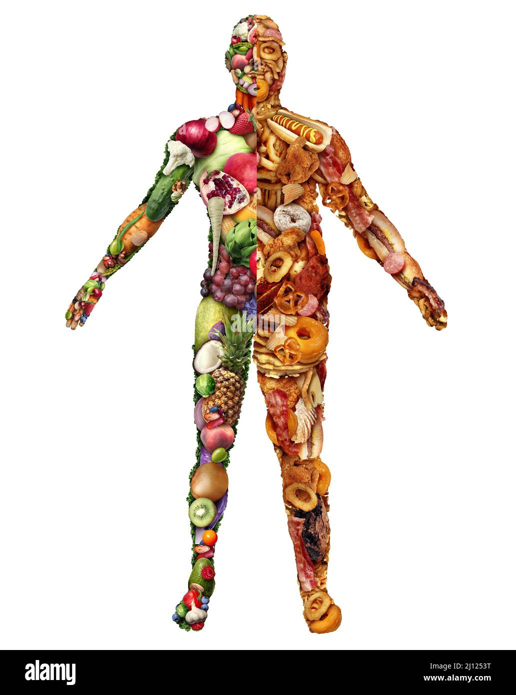 Cibo sano e malsano e scelte dietetiche o scelta nutrizionale come una persona normale e grassa fatta da cibo spazzatura o ingredienti freschi naturali. Foto Stock