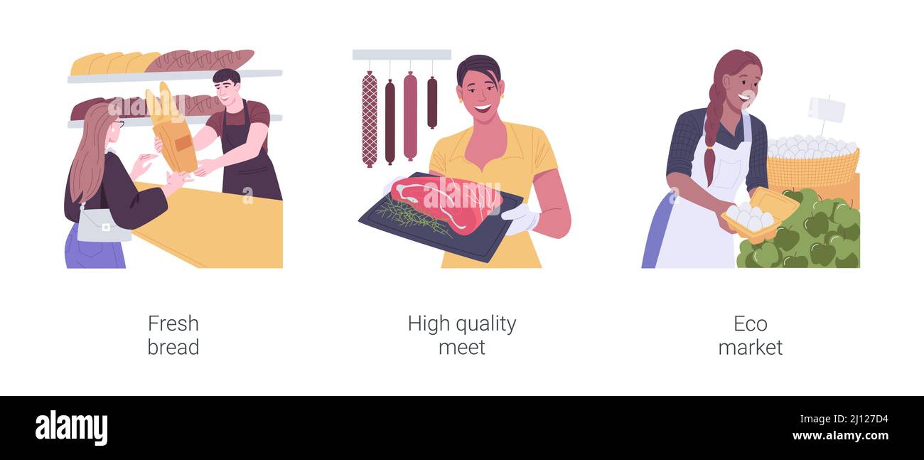 Acquisto di generi alimentari isolato cartoon vettore illustrazioni set. Illustrazione Vettoriale