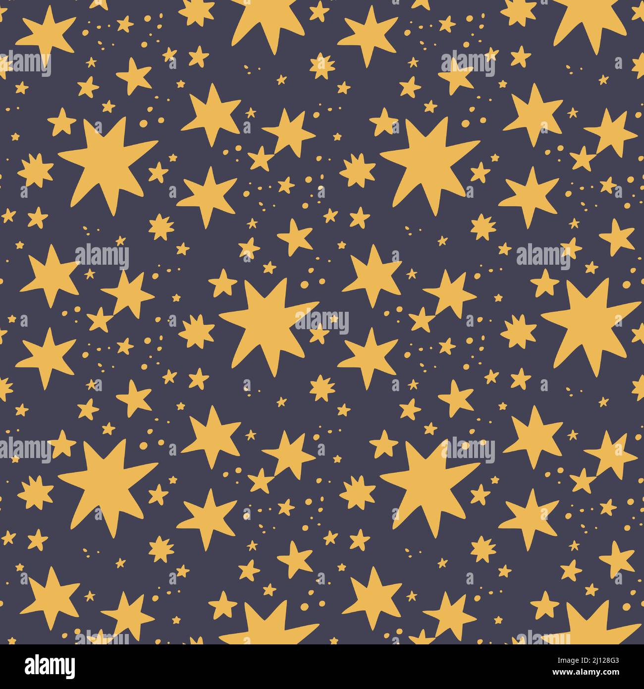 Pattern vettoriale senza giunture sotto forma di stelle dorate su sfondo scuro. Stile disegno a mano libera. Pattern vettoriale senza giunture con stelle. Illustrazione Vettoriale