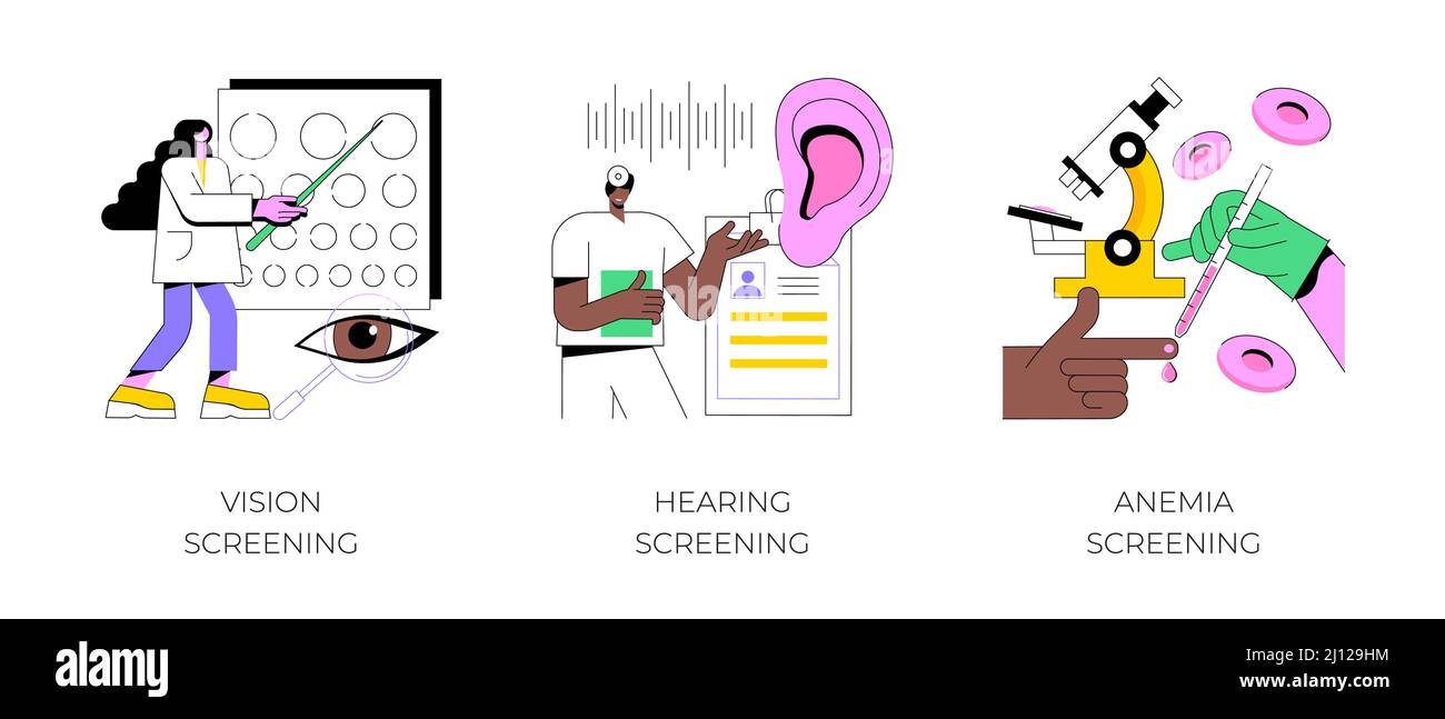 Set di illustrazioni vettoriali per il concetto astratto di assistenza sanitaria del neonato. Screening della vista e dell'udito, diagnosi dell'anemia, cure primarie, esame pediatrico, test per disturbi genetici, metafora astratta della carenza di ferro. Illustrazione Vettoriale