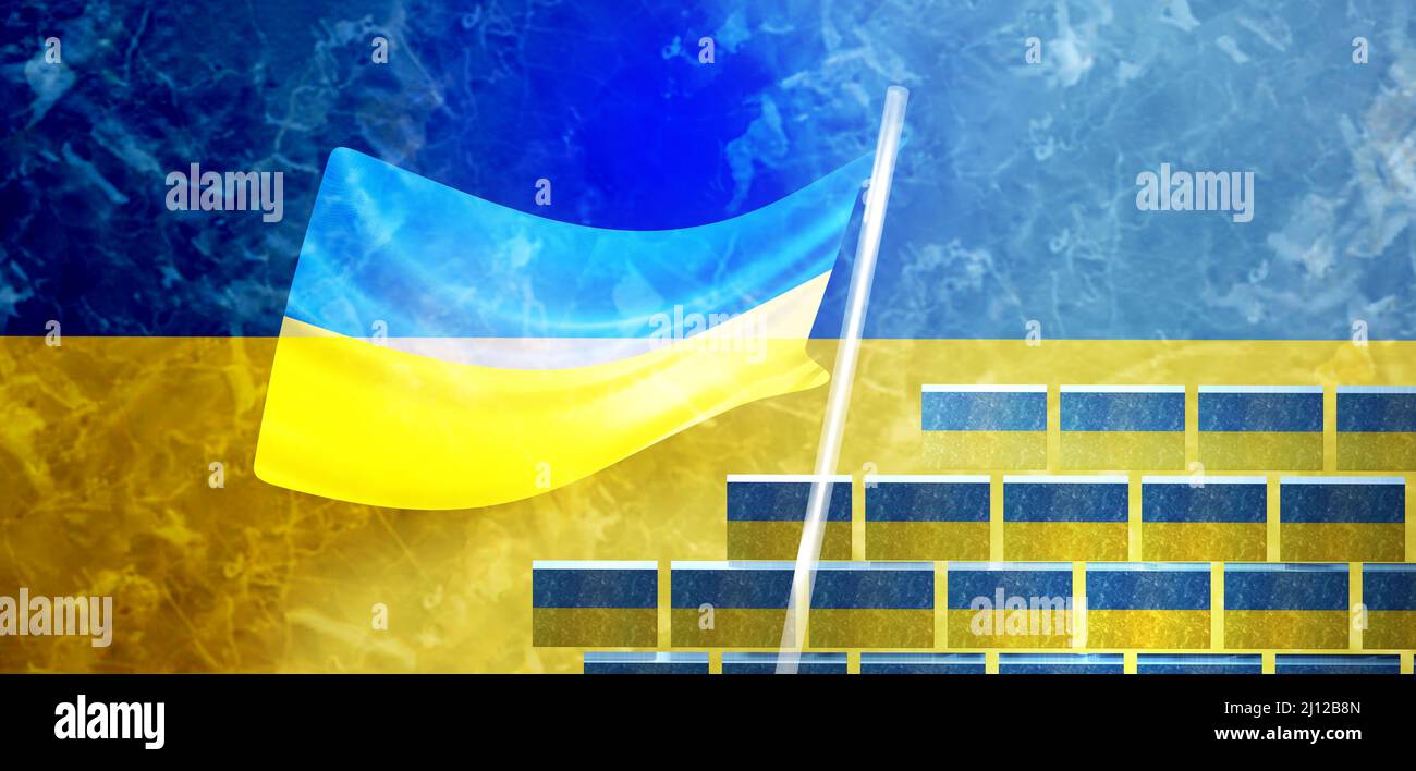 Bandiera Ucraina e muro di mattoni. 3D rappresentazione illustrazione. Foto Stock