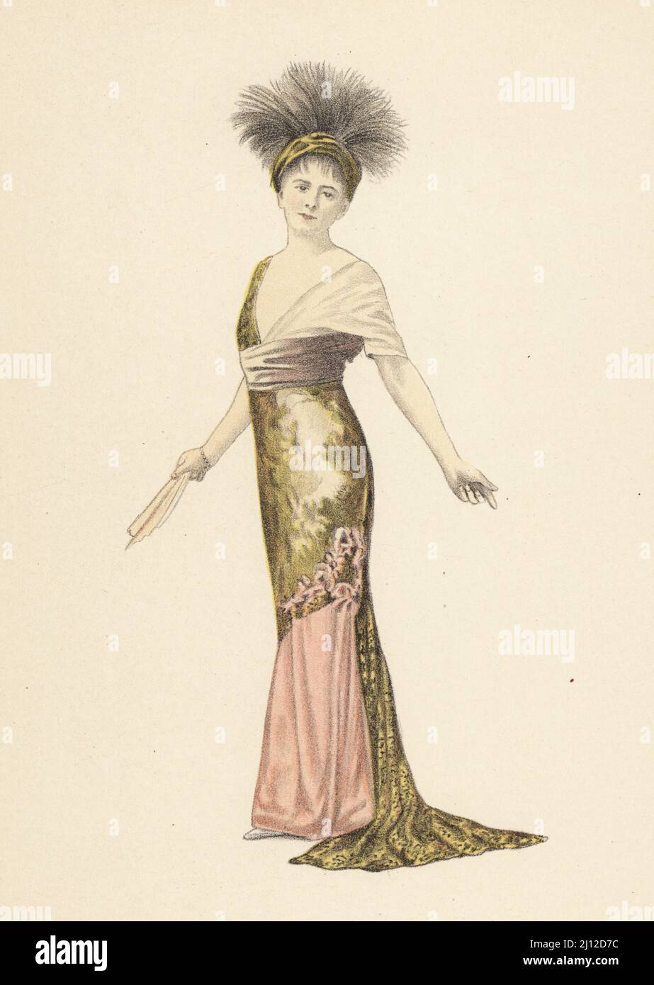 Madame Pierat in un abito asimmetrico del marchio di couture Redfern in Les Marionettes di Pierre Wolff, eseguito alla Comedie-Francaise, nel 1911. Modalità Les. Litografia del pochoir a mano di Marcel Bry di Raymonde See’s le Costume de la Revolution a nos Jours, Editions de la Gazette des Beaux-Arts, Parigi, 1929. Foto Stock