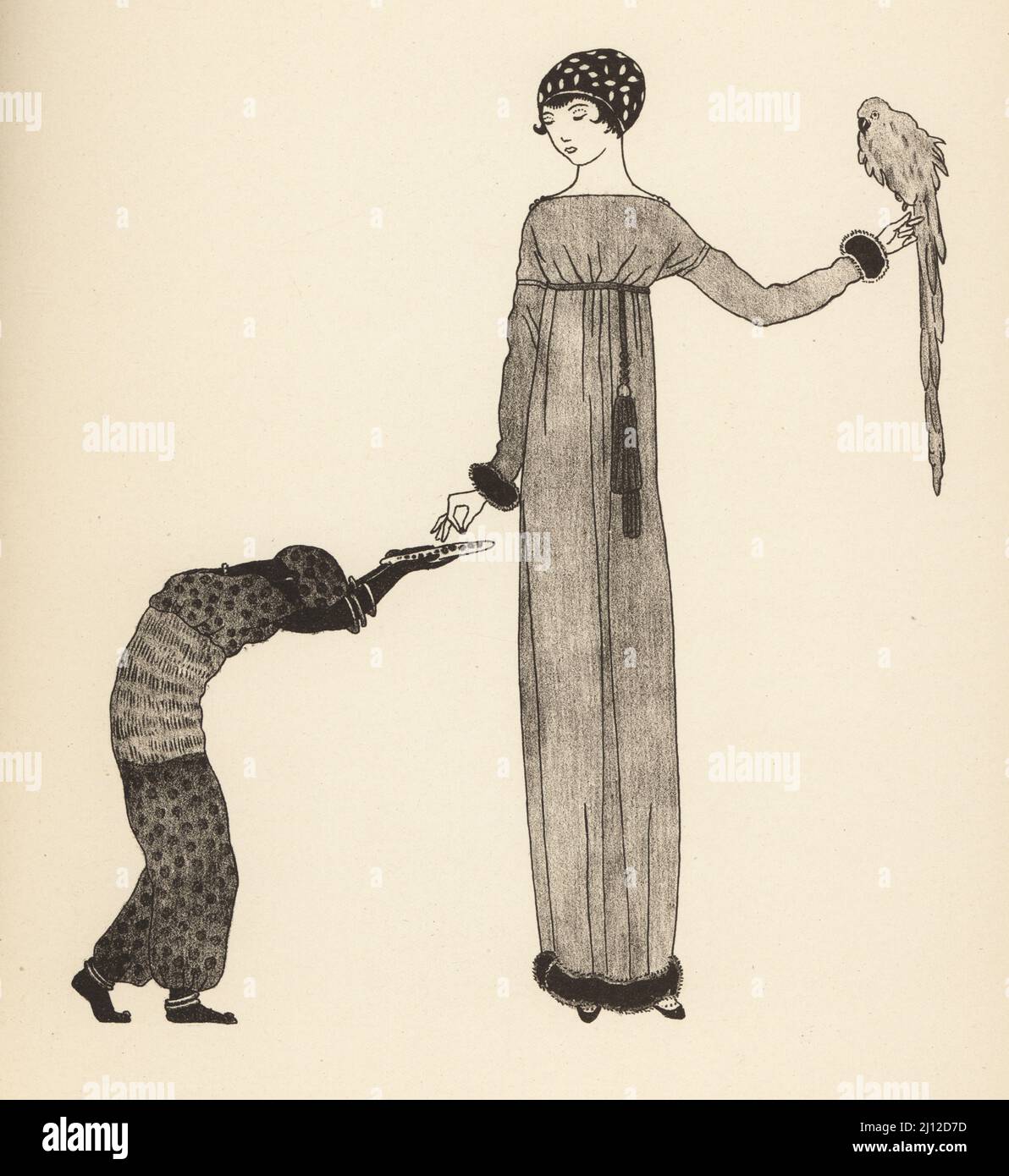 Donna alla moda in berretto e accappatoio dal marchio couture Paul Poiret, 1911. Tiene un pappagallo e prende l'alimentazione dell'uccello da un vassoio Les robes de Paul Poiret, 1911. Litografia di Marcel Bry dopo Georges Lepape di le Costume de la Revolution di Raymonde See a nos Jours, Editions de la Gazette des Beaux-Arts, Parigi, 1929. Foto Stock