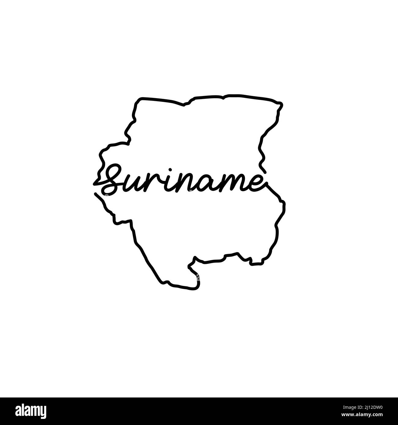 Mappa del Suriname con il nome del paese scritto a mano. Linea continua di segno di casa patriottica. Un amore per una piccola patria. T-shirt stampa ide Illustrazione Vettoriale