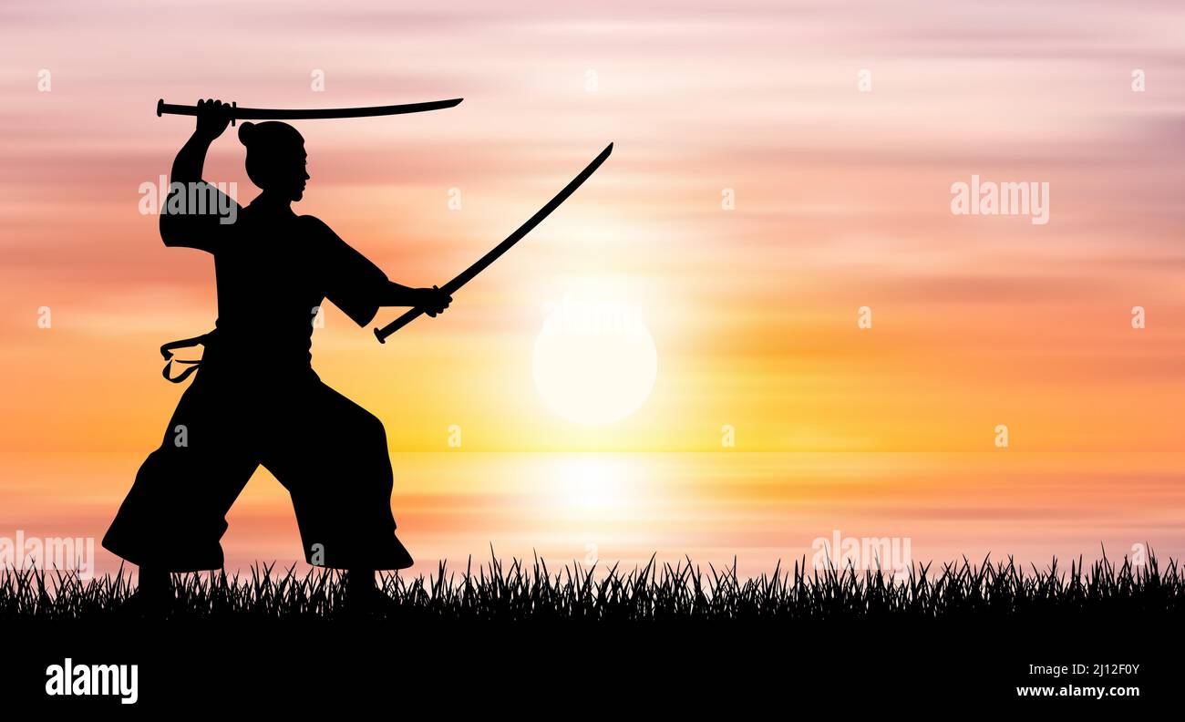 Un uomo si alza con una spada in mano sullo sfondo di un tramonto. Samurai sullo sfondo del tramonto sul mare. Illustrazione Vettoriale