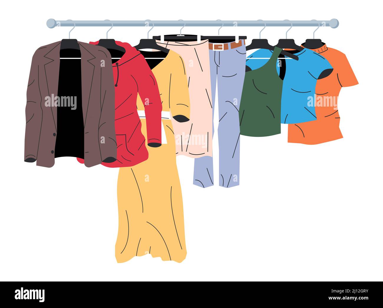 Abbigliamento uomo e donna su Hanger. Illustrazione Vettoriale