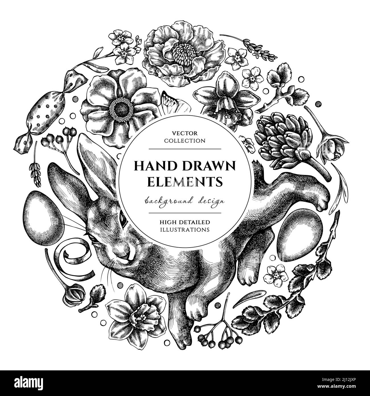 Disegno della corona di Pasqua. Coniglio estratto a mano, uova, rami di salice, ecc. Illustrazione Vettoriale