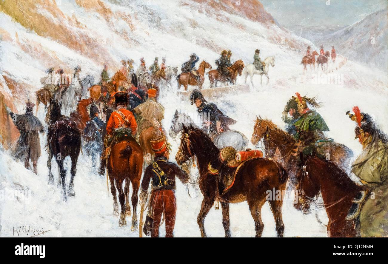 L’Esercito di Napoléon attraversa il Passo della Somosierra nei Monti Guadarrama (Spagna), dipinto a olio su tela di Jan van Chelminski, 1808 Foto Stock