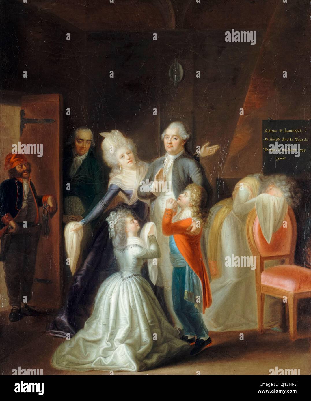Saluto di Luigi XVI alla sua famiglia nella prigione della Torre del Tempio, 20th 1793 gennaio, dipinto a olio su tela di Jean-Jacques Hauer, 1794 Foto Stock