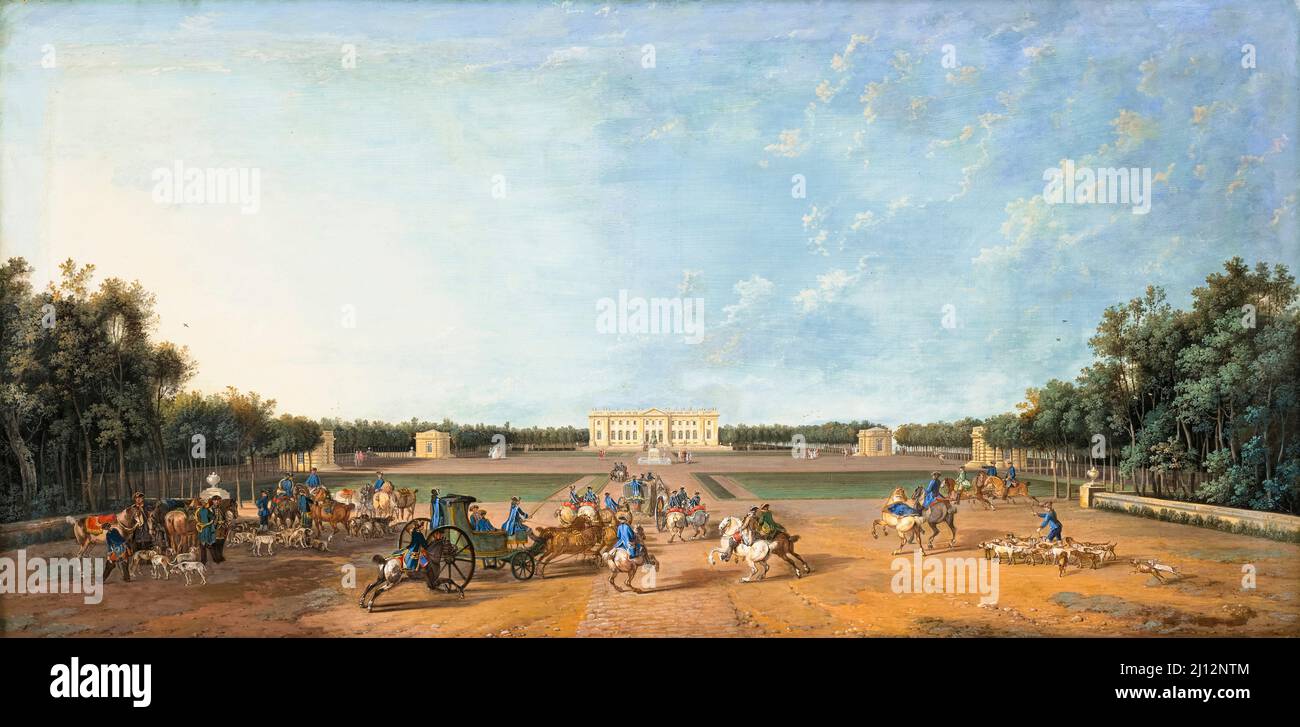 Luigi XV con i Royal Hounds di fronte al Pavillion di Croix-Fontaine appartenente al Fermier Générale Bouret, gouache su tela di Louis-Nicholas Van Blarenberghe, prima del 1754 Foto Stock