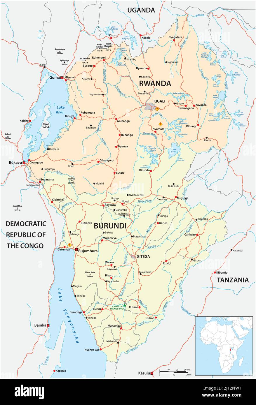 mappa stradale vettoriale degli stati dell'africa orientale ruanda e burundi Illustrazione Vettoriale