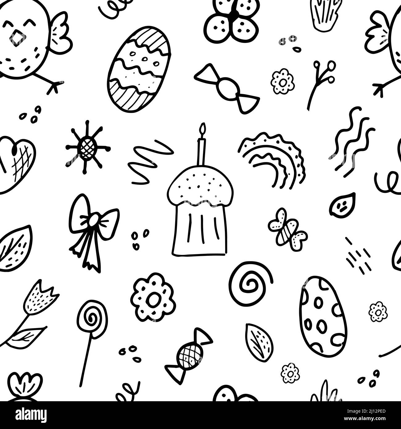 Illustrazione senza giunture in bianco e nero con le vacanze di Pasqua. Design per tessuti, carta da imballaggio o carta da parati. Periodo di Pasqua. Illustrazione Vettoriale