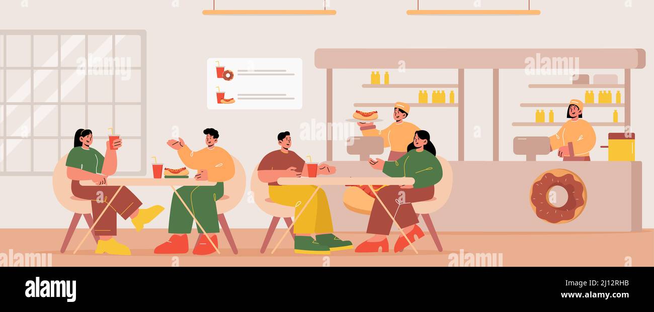 Ristorante fast food con hot dog e tazze sui tavoli, persone sedute, cameriera con vassoio e cassieri al banco. Illustrazione piatta vettoriale dell'interno del caffè con gli uomini e le donne mangiano e parlano Illustrazione Vettoriale