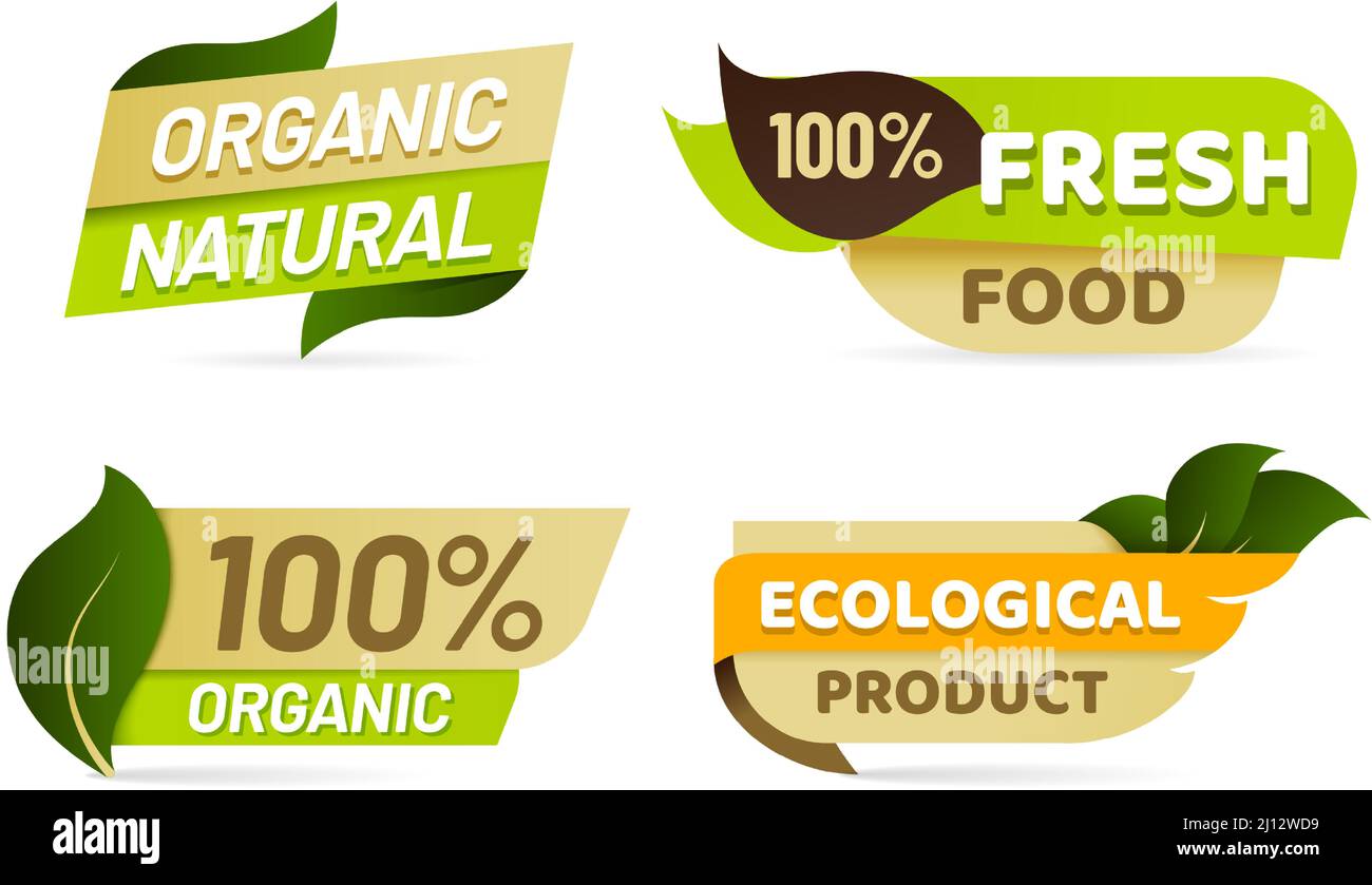 Emblemi vegani. Etichette di prodotti naturali biologici per negozi al dettaglio. Alimenti freschi ed ecologici per mercati ecologici Illustrazione Vettoriale