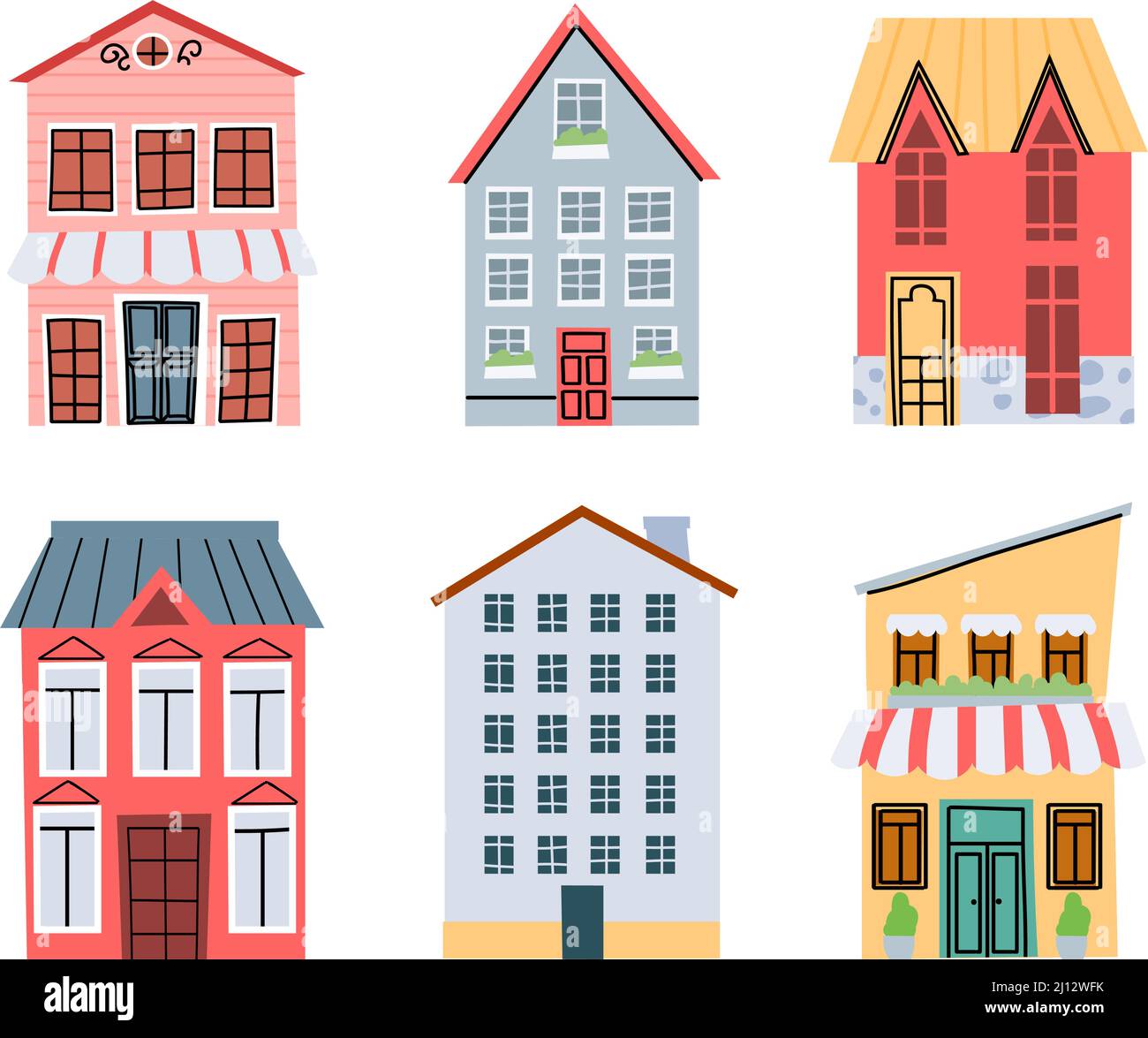Cartoon City Street edifici. Architettura della città vecchia con case colorate, negozi al dettaglio e caffè esterno. Facciata degli appartamenti Illustrazione Vettoriale
