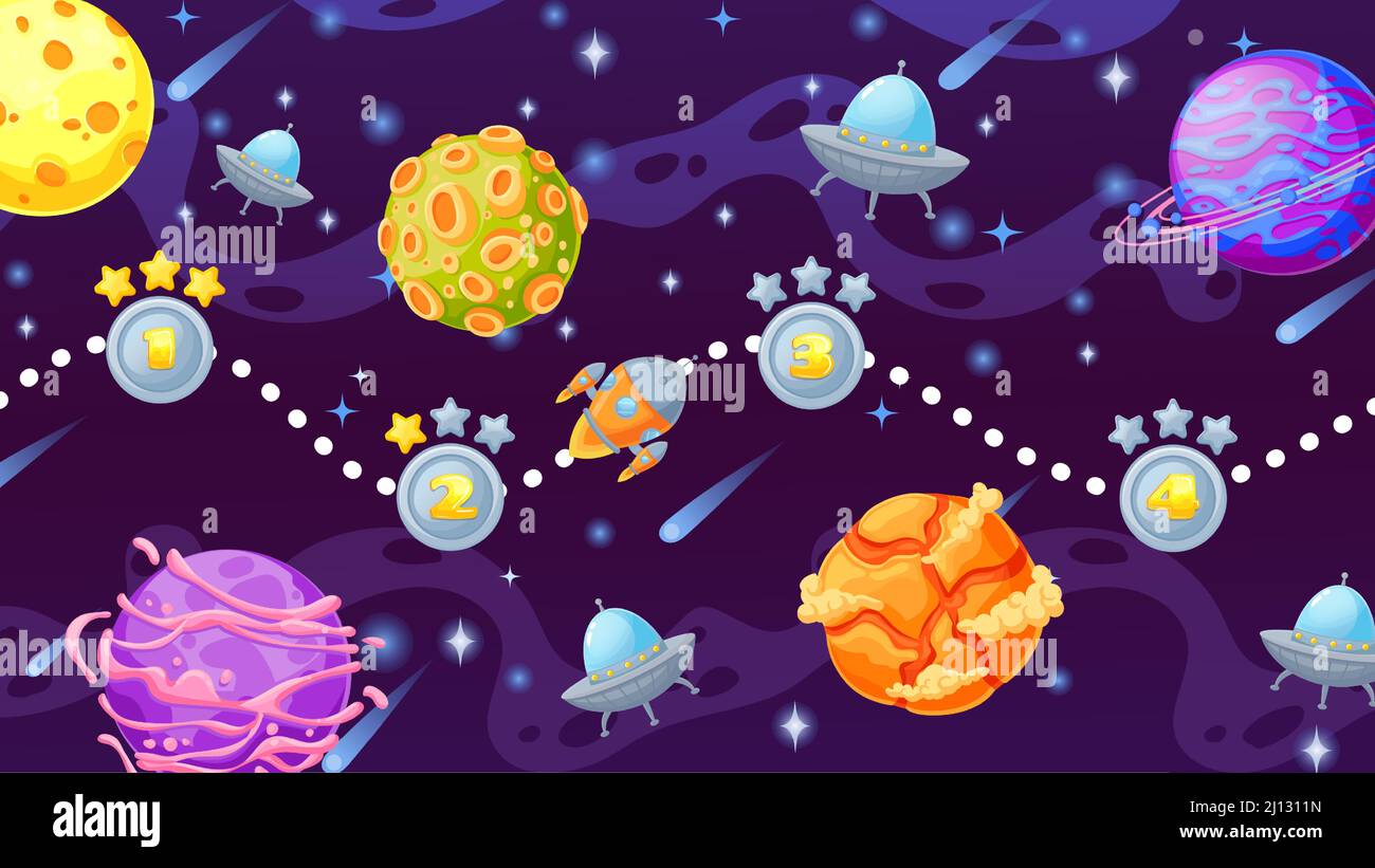 Cartoon spazio gioco livello mappa con pianeti e razzo. Schermo cosmico ui per sala giochi con astronave, galassia delle stelle e scena vettoriale ufo Illustrazione Vettoriale