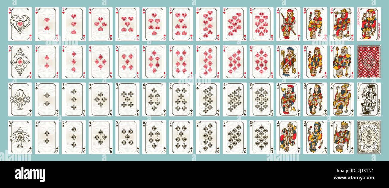 Carte da gioco di poker disegni, mazzo completo per il gioco del casinò. Re, regina, jack, asso e scherzo. Diamanti, cuori, picche e clubs card set Illustrazione Vettoriale