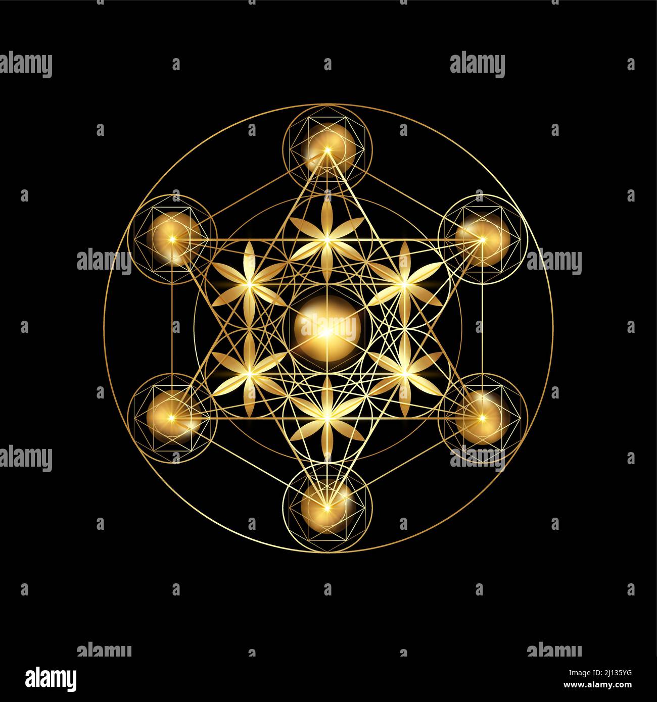 Cubo di Metatron, fiore della vita. Geometria sacra d'oro. Mystic Golden icona platonic solidi Merkabah, astratto disegno geometrico, crop cerchi segno Illustrazione Vettoriale
