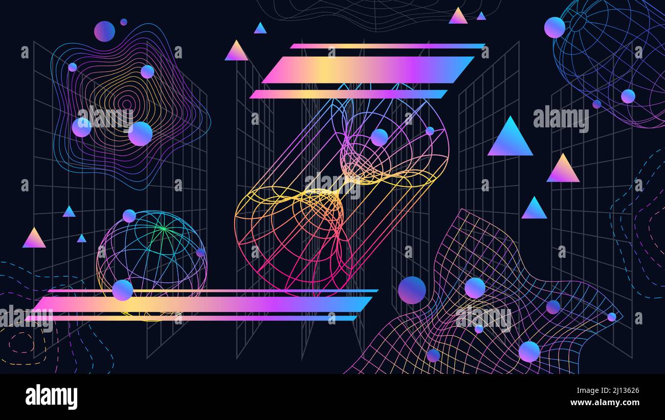 Sfondo neo futuristico astratto con 3D griglie e forme. Neon wireframe grafica retrò cyber design. banner vettoriale per la tecnologia dei giochi 90s Illustrazione Vettoriale