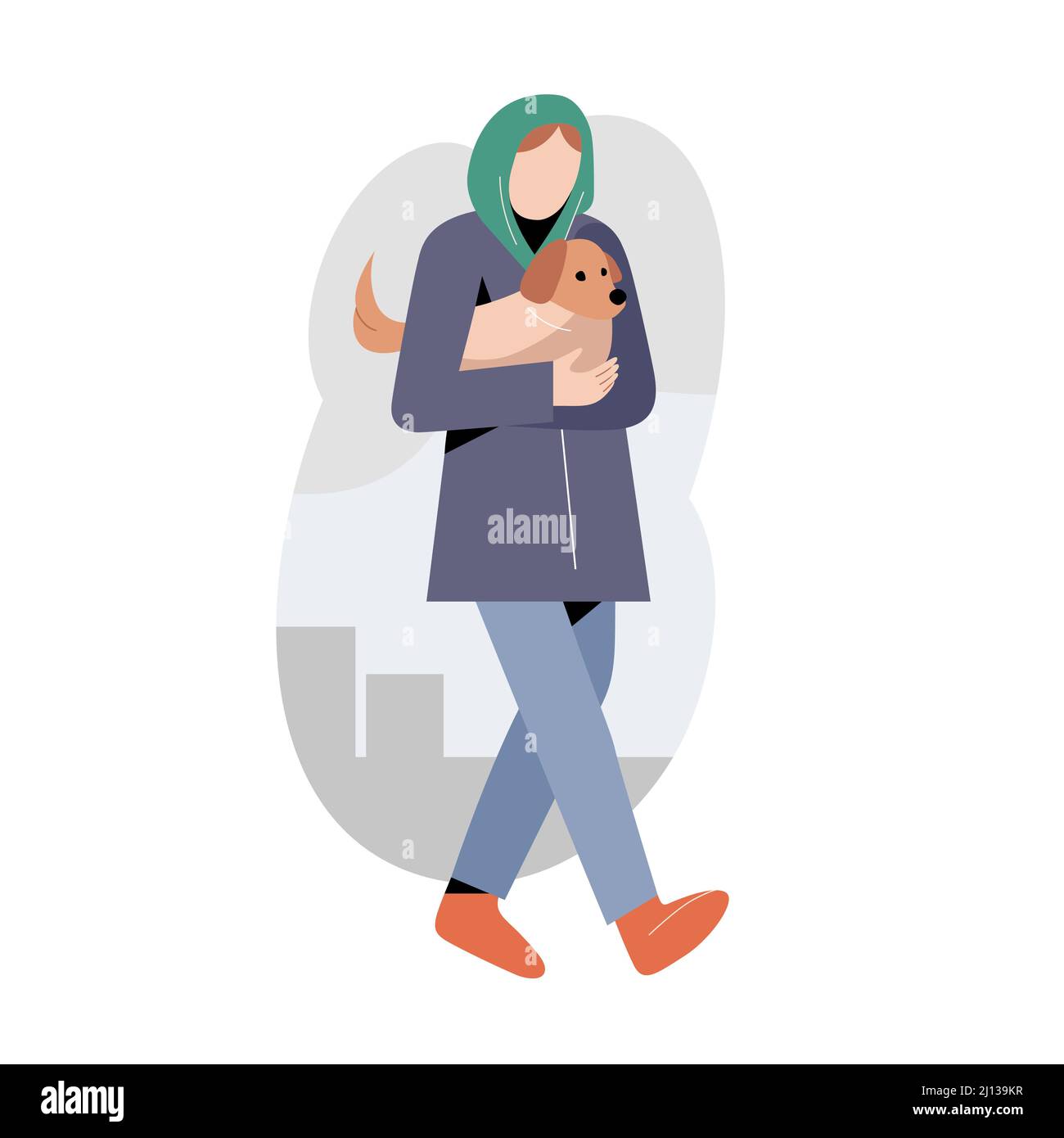 Giovane rifugiata femminile che porta il suo cane a piedi, fuggire da guerra conflitto, fuggire dal paese, illustrazione vettoriale modificabile Illustrazione Vettoriale