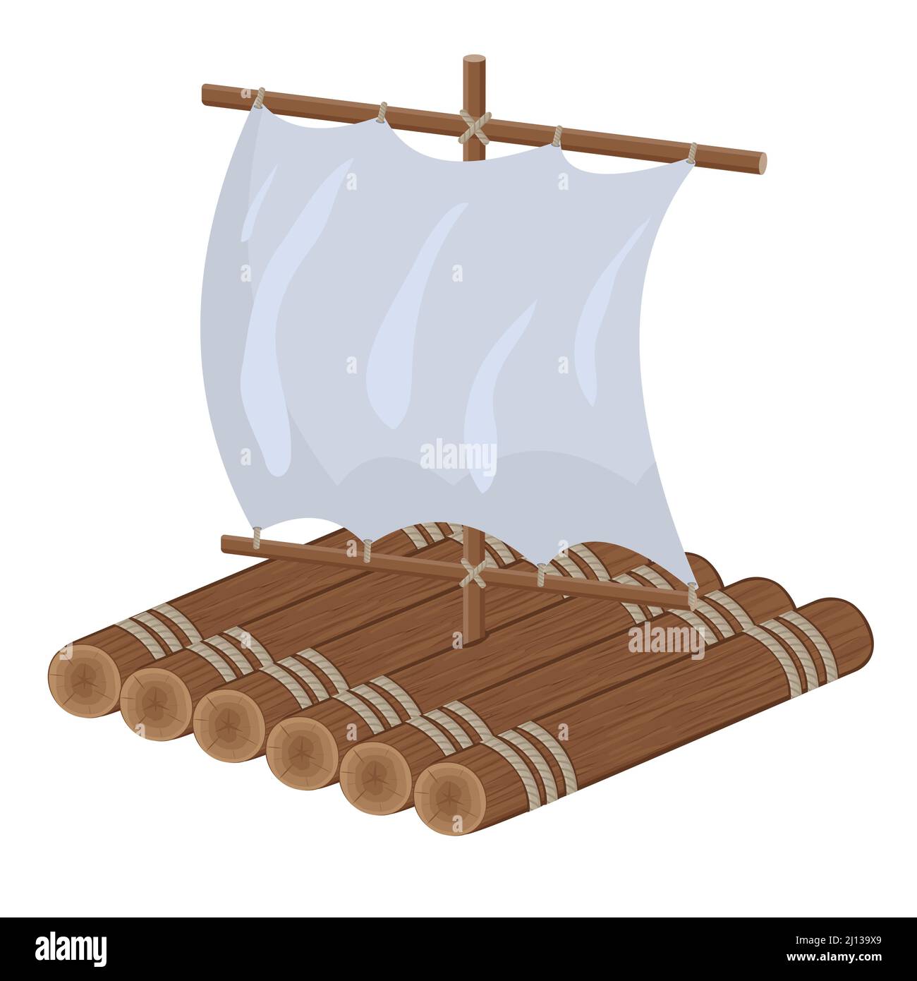 zattera di legno con vela, disegno vettoriale isolato a colori in stile cartoon. Illustrazione Vettoriale