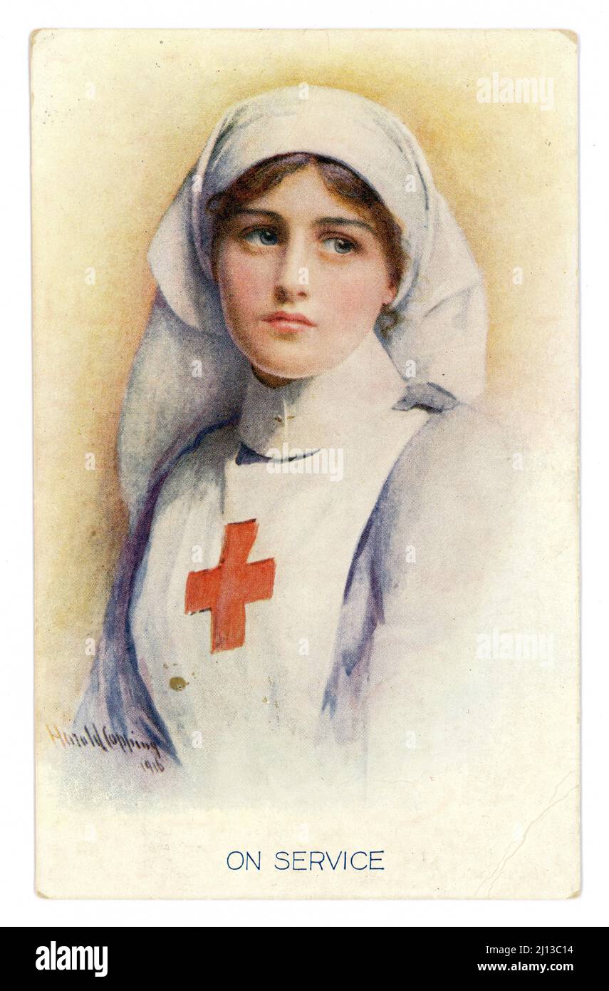 Cartolina a colori dell'era WW1 originale raffigurata da una bella infermiera rossa, 1916, Regno Unito Foto Stock