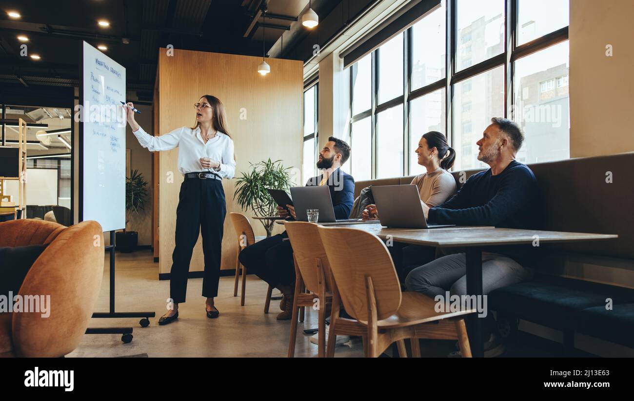 Una donna manager che presenta il suo team durante una riunione in un ambiente di lavoro moderno. Fidata giovane donna d'affari che discute il suo strate di vendita Foto Stock