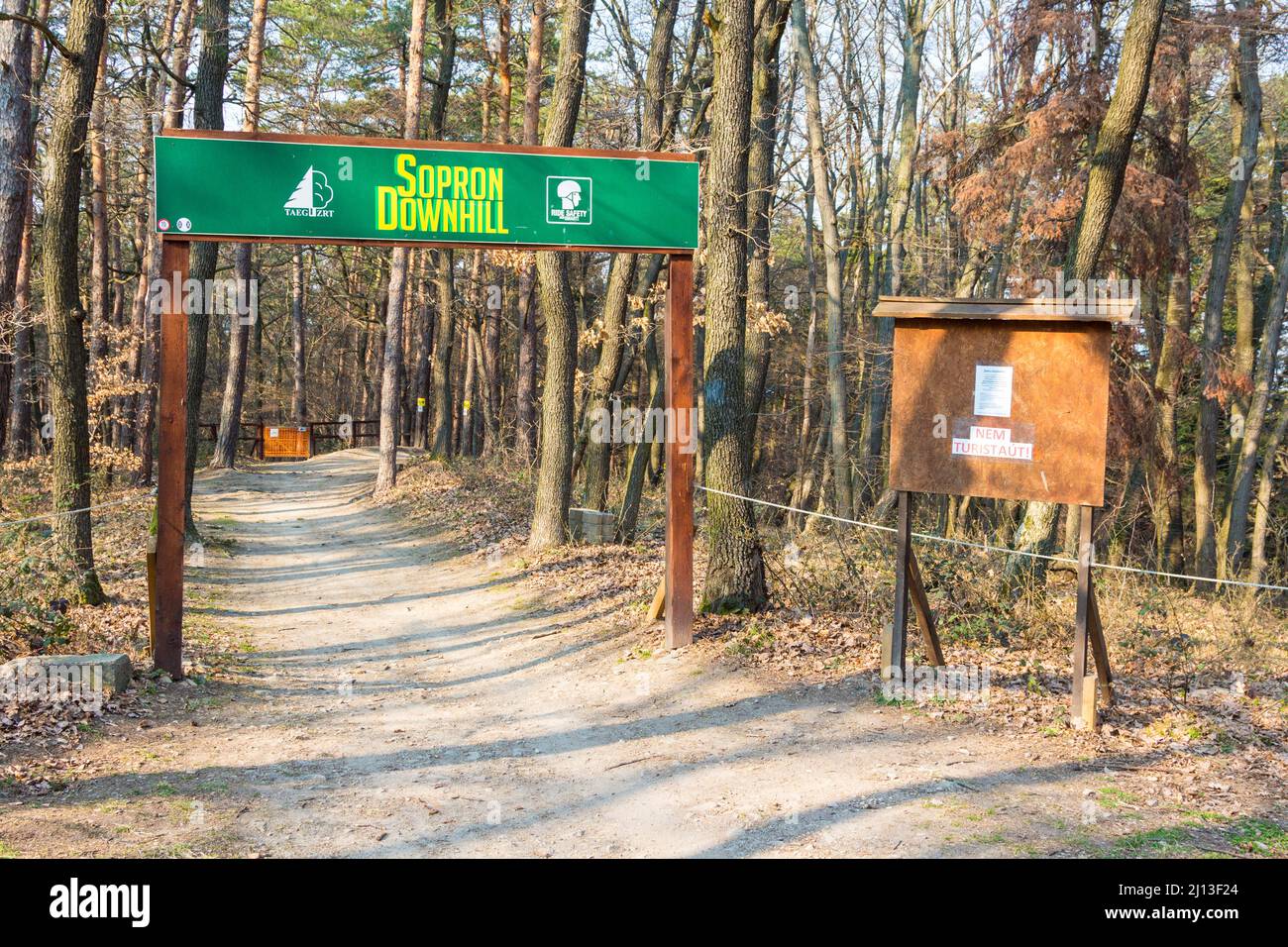 Punto di partenza del sentiero per mountain bike Sopron Downhill a Varhely-kilato, Sopron Mountains, Sopron, Ungheria Foto Stock