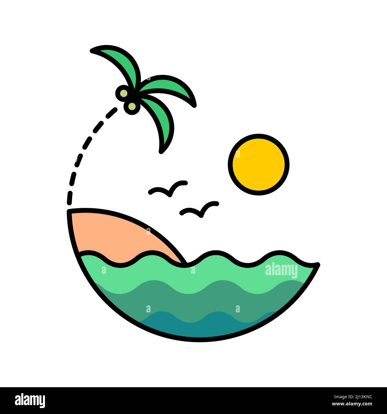 Desert Island. Spiaggia tropicale. Vacanza, viaggio, concetto di turismo. Stagcape con sabbia, sole, alberi di cocco e uccelli. Vacanze estive. Vettore Illustrazione Vettoriale