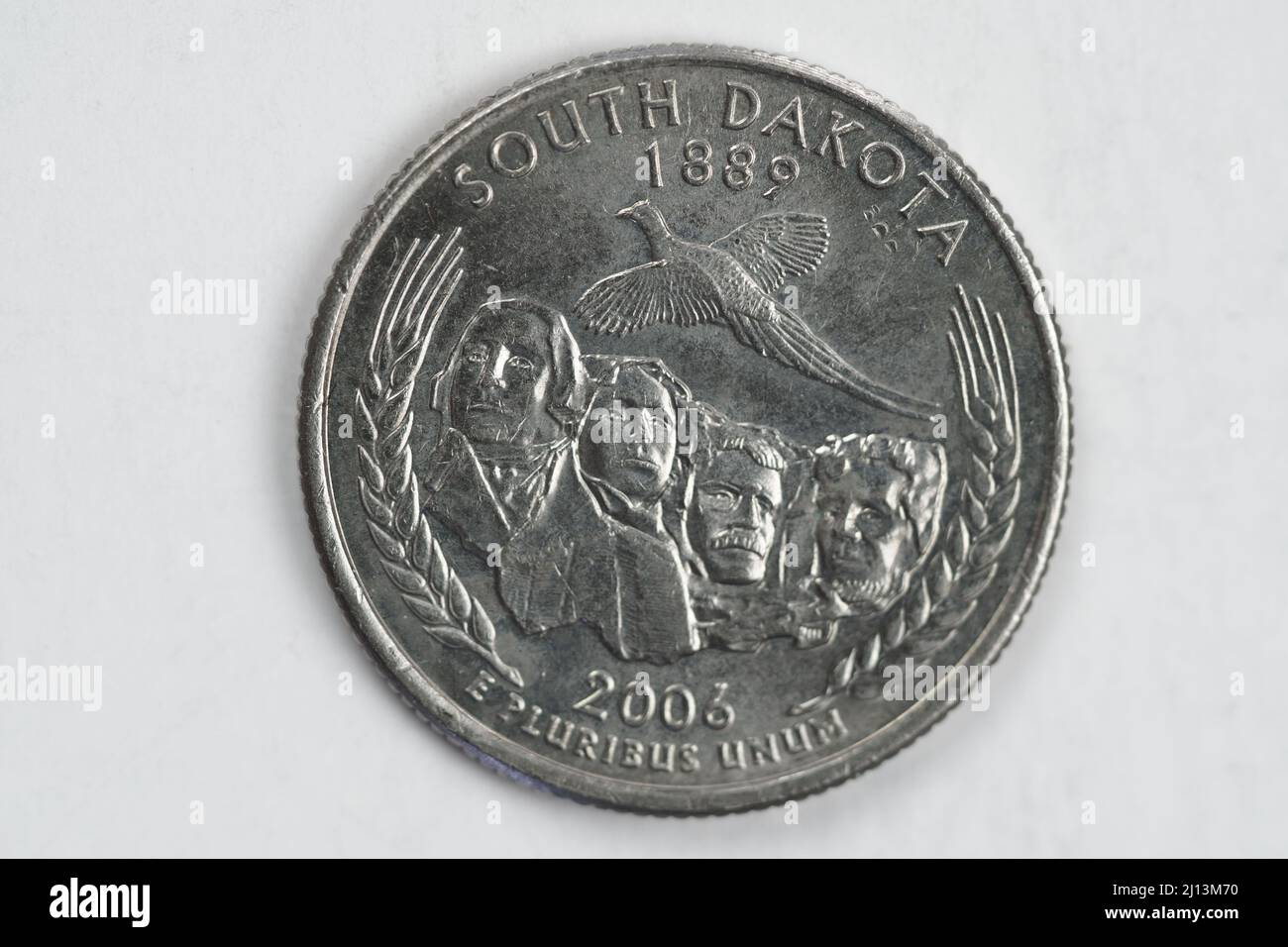 Una moneta da un quarto di dollaro (25 centesimi) con l'immagine del South Dakota (lo Stato del Monte Rushmore), USA. Foto Stock