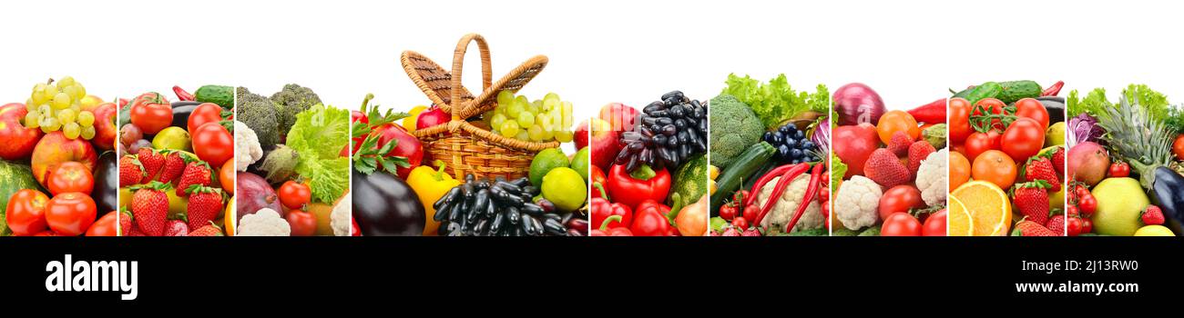 Panorama di frutta e verdura fresca e luminosa separate da linee verticali isolate su sfondo bianco. Foto Stock