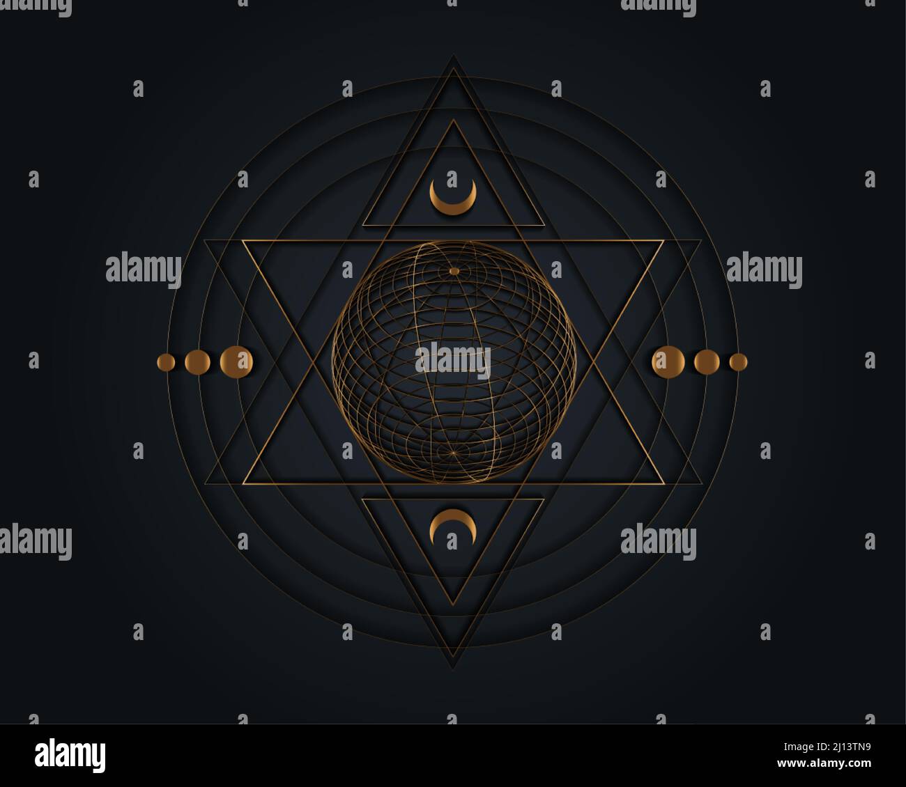 Simbolo della geometria sacra mistica in oro. Sfera a reticolo magica alchimia, occulto, segno filosofico. Per copertina album musicali, astrologia sacramentale design Illustrazione Vettoriale