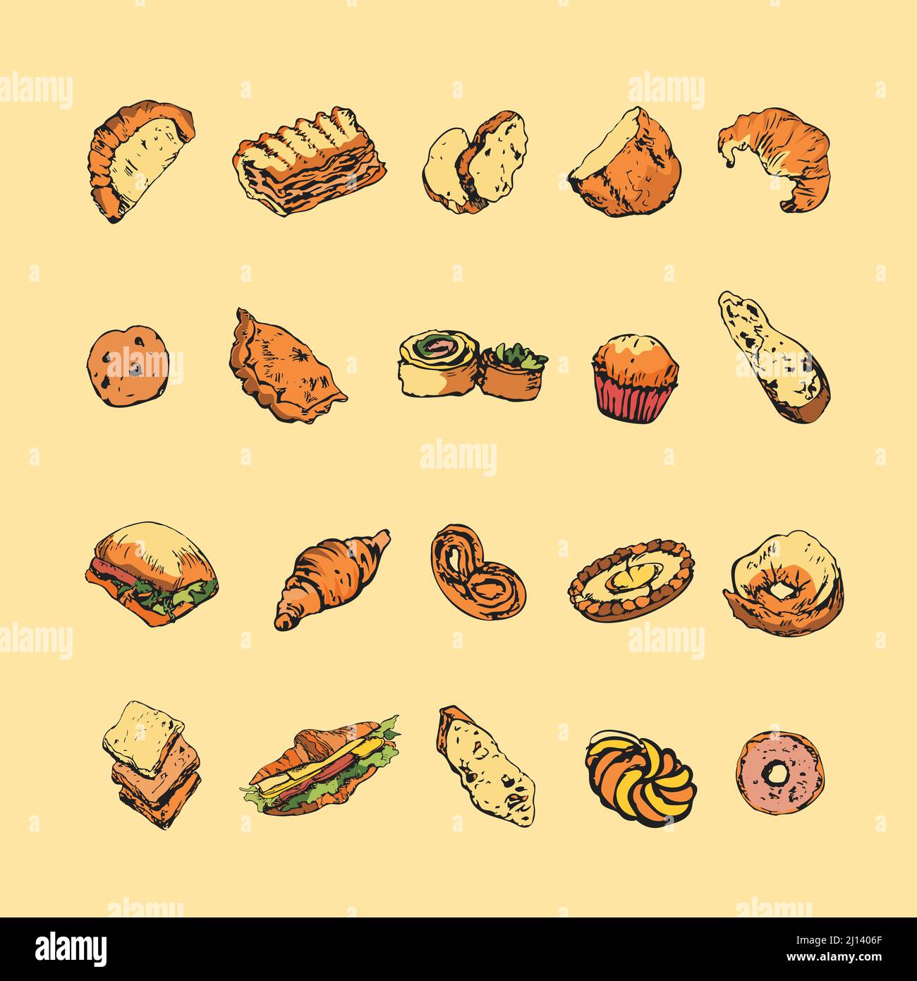 Disegno colorato a mano della penna di pane e prodotti da forno. Gruppo di elementi clipart Illustrazione Vettoriale