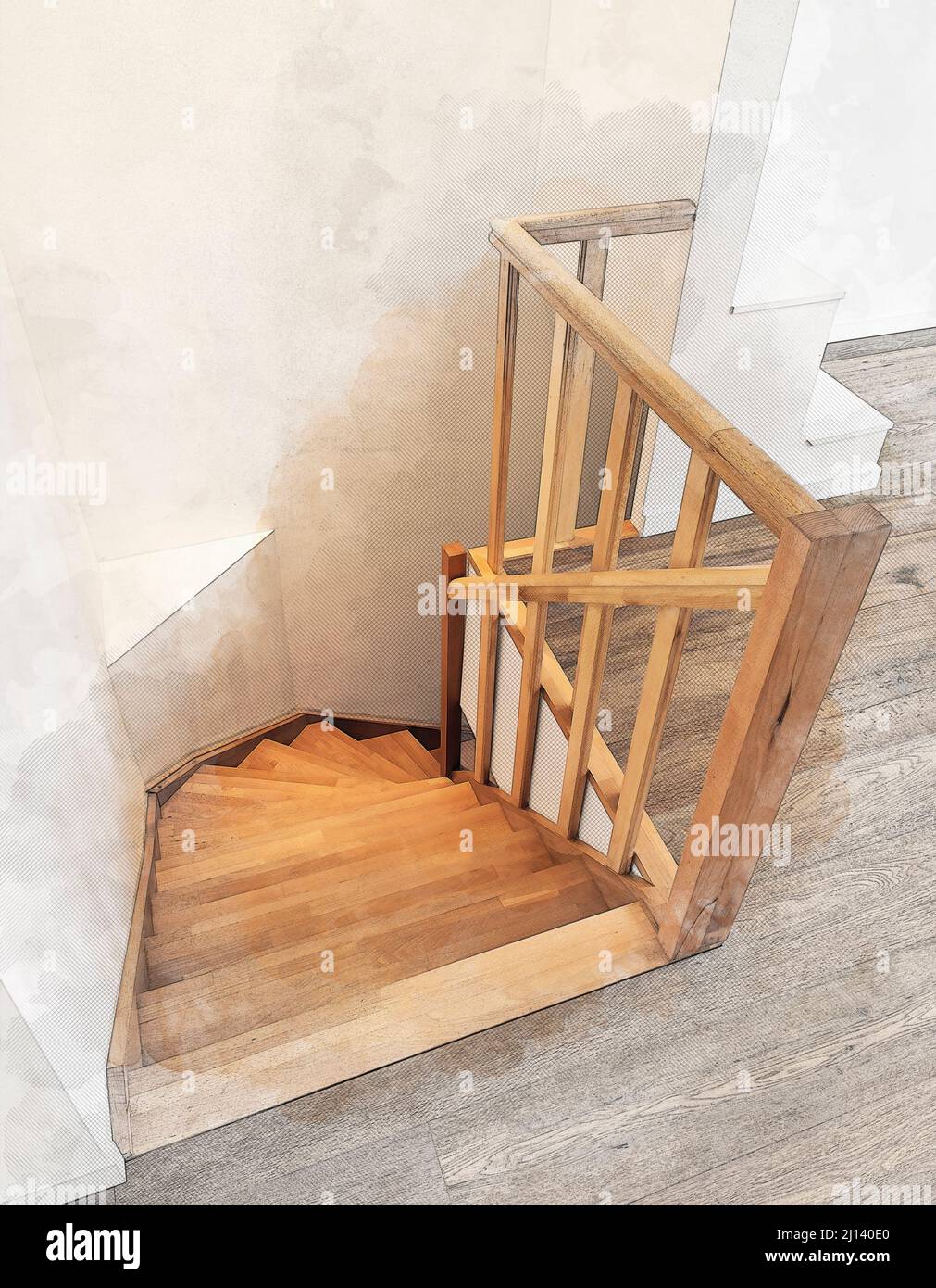 Il disegno e la prevista ristrutturazione di un moderno duplex con scale di legno Foto Stock