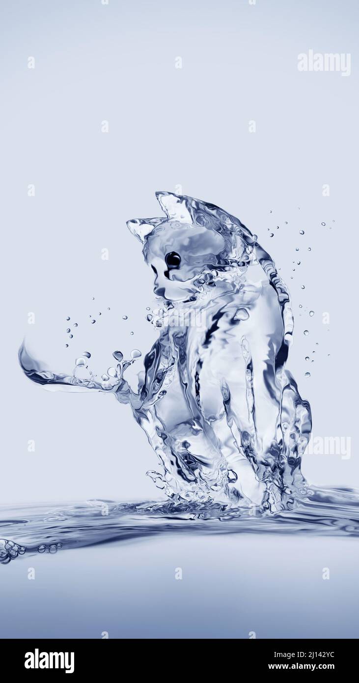 Un gatto fatto di acqua seduto sull'acqua guardando un salto di pesce. Foto Stock