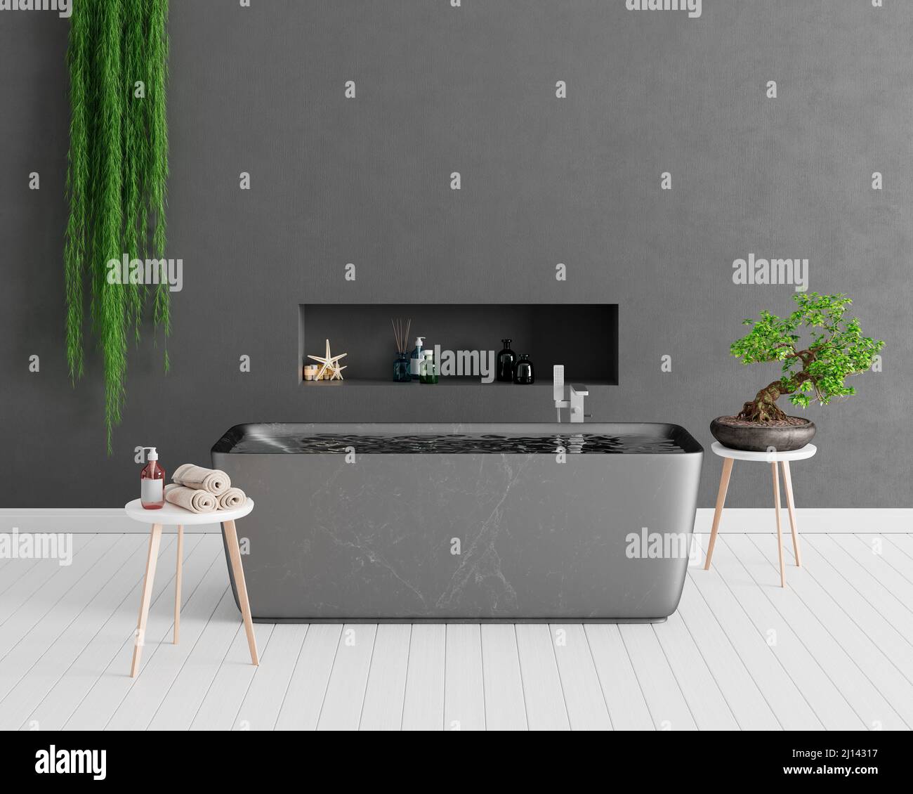 Interni dal design moderno con bagno con parete in cemento e ornamentale green plants 3d rendering illustrazione 3d Foto Stock