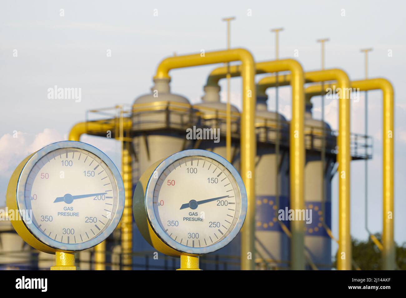 Primo piano di un manometro che mostra la pressione di distribuzione del gas su un condotto in Europa Foto Stock