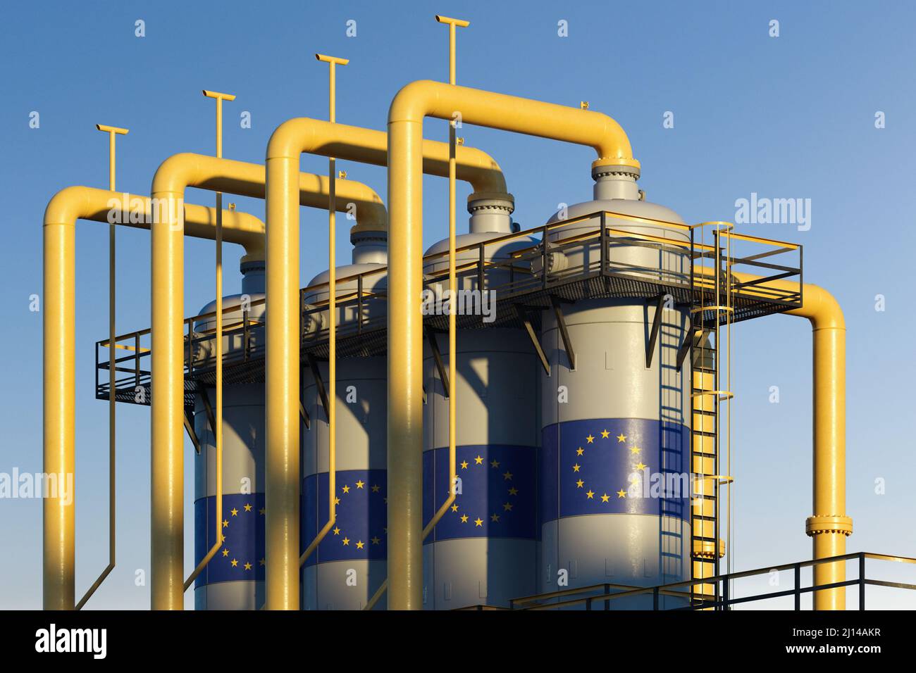 Serbatoio di gas naturale in fabbrica di gas con bandiera dell'Unione europea Foto Stock