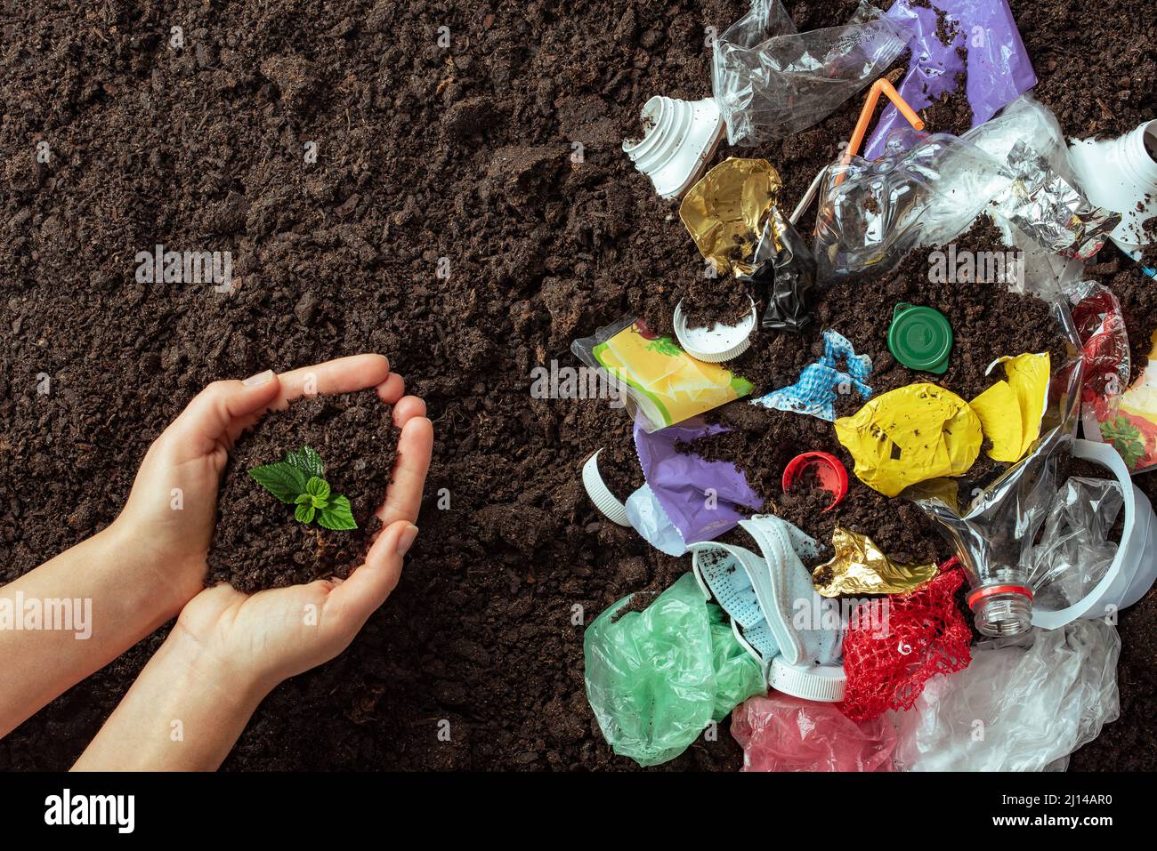 Vista dall'alto delle mani che tengono il germoglio giovane contro lo sfondo di detriti di plastica sul terreno, problema di plastica concetto Foto Stock