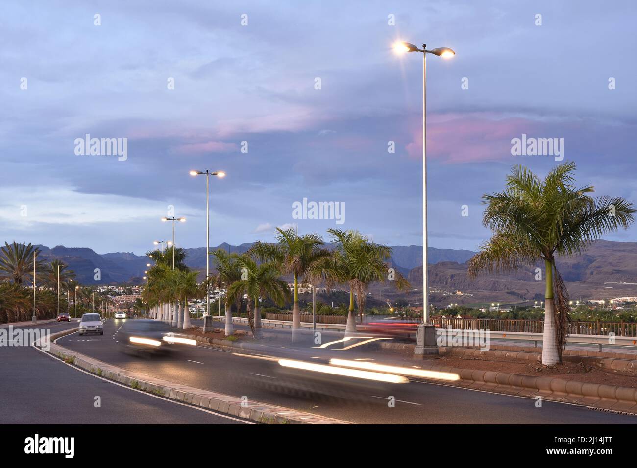 Strada vialetto e vicolo di palme al tramonto a Maspalomas a sud di Gran Canaria Isole Canarie Spagna. Foto Stock