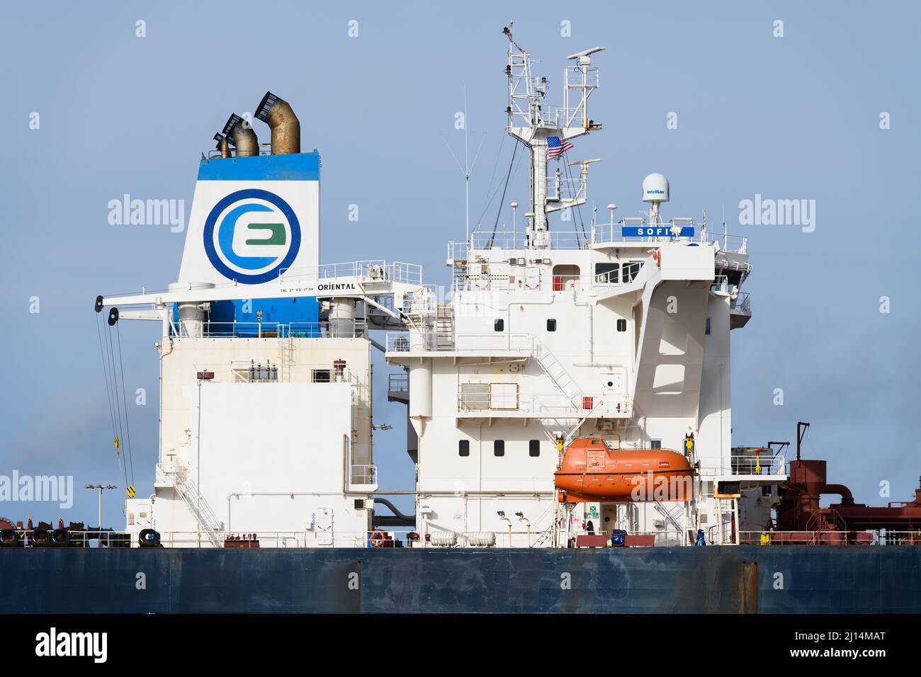 Seattle - 20 marzo 2022; imbuto e ponte della petroliera Suezmax Sofia gestita da Euronav Foto Stock
