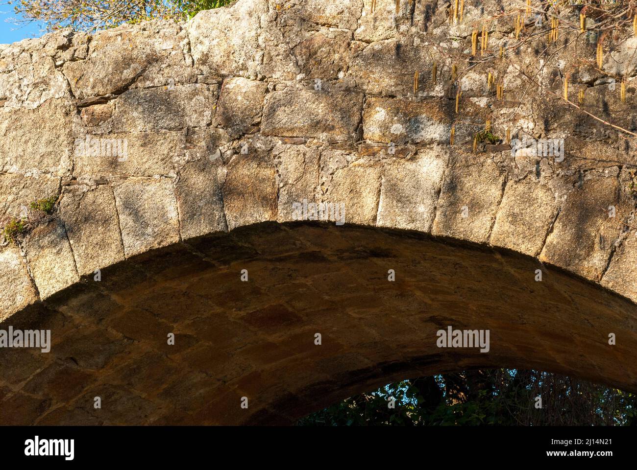 Ponte romano in pietra acciottolata in Abadia Caceres visto dal basso Foto Stock