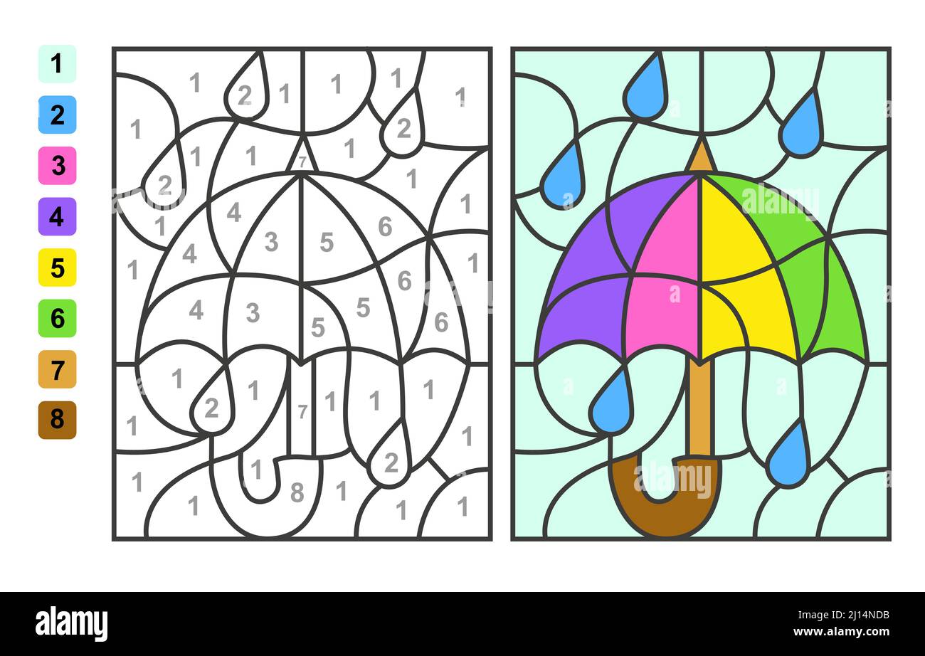 Colore per numeri pioggia ombrello. Gioco di puzzle per l'educazione dei  bambini, colori per il disegno e l'apprendimento della matematica Immagine  e Vettoriale - Alamy