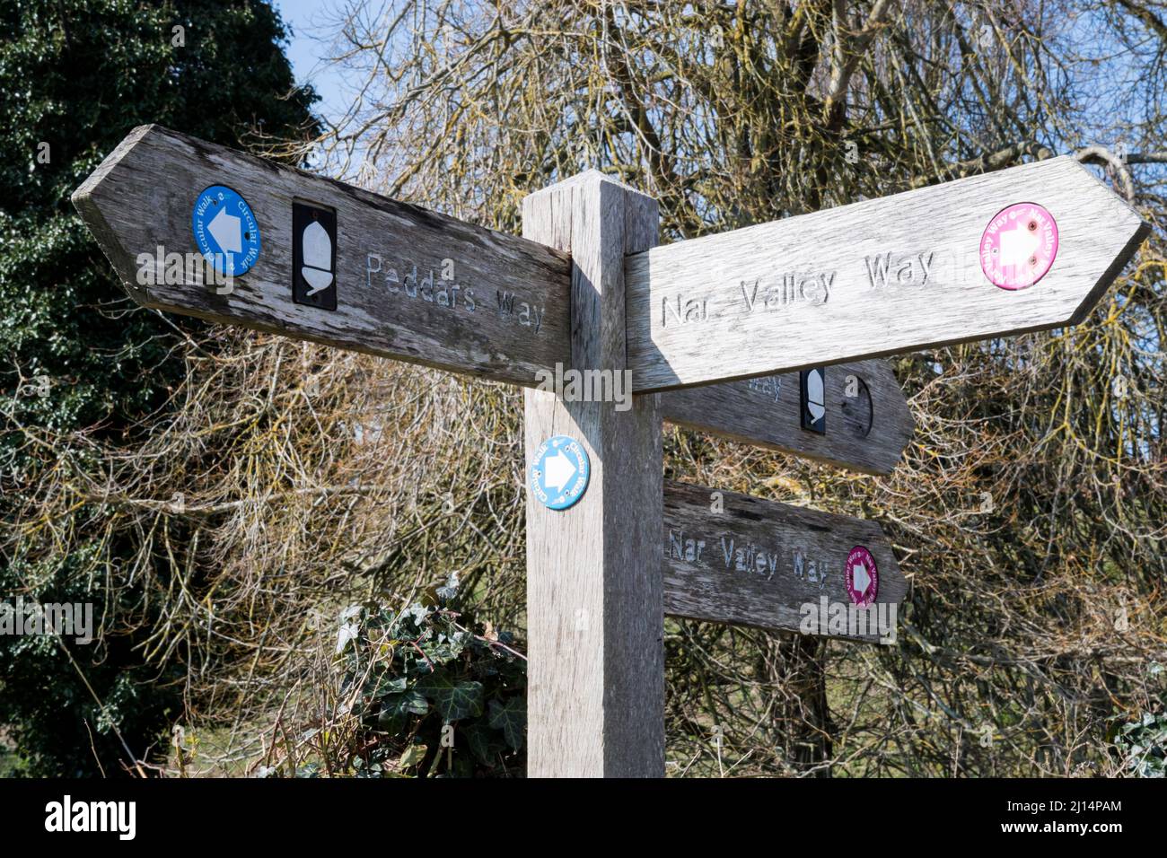 Segnaletica con le marcature a Castle Acre, Norfolk, dove si incrociano i sentieri pedonali della Peddars Way e della Nar Valley Way. Foto Stock
