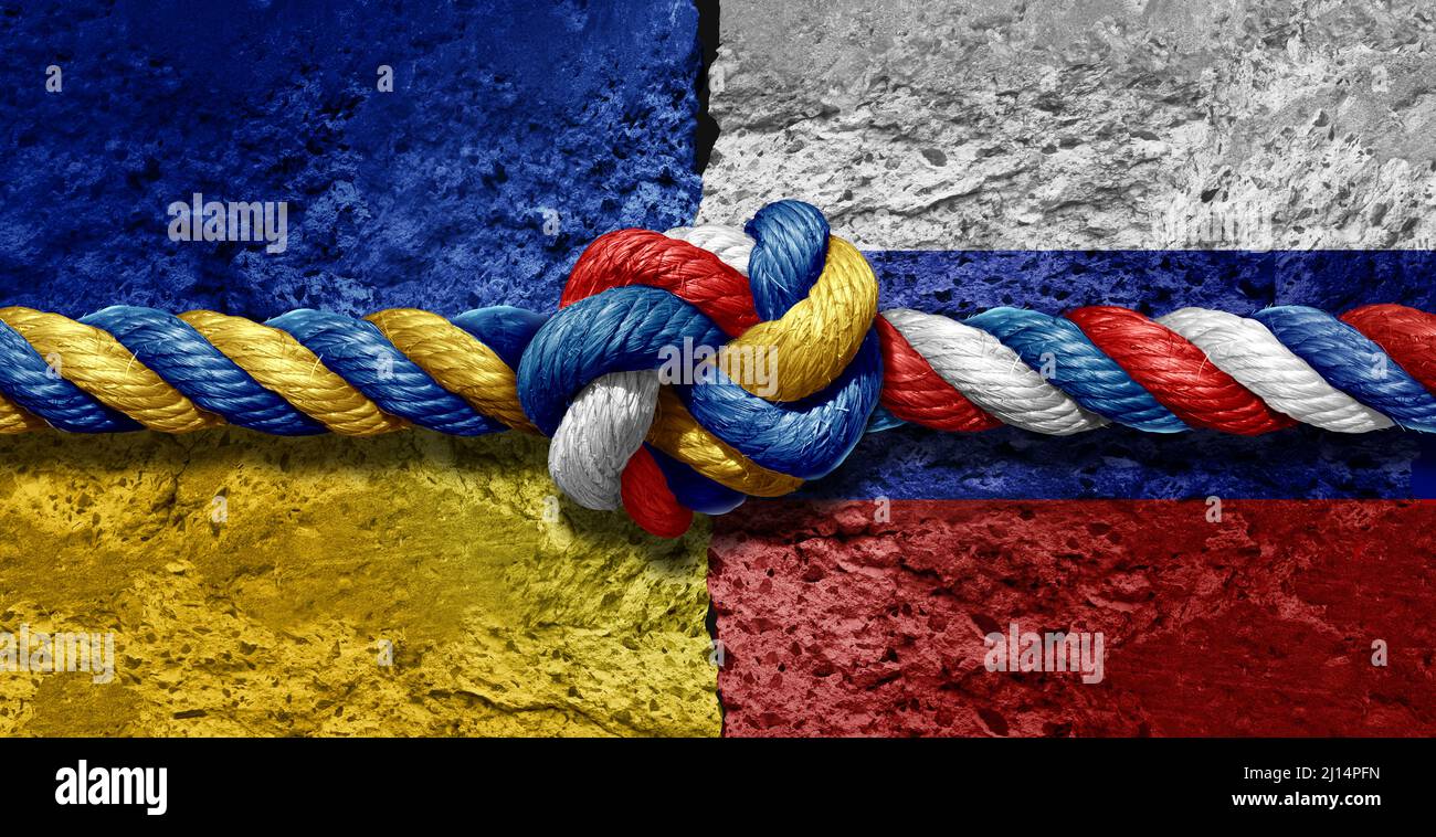 Russia e Ucraina crisi di pace come conflitto geopolitico scontro tra la nazione Ukraniana e russa come concetto di sicurezza europea. Foto Stock