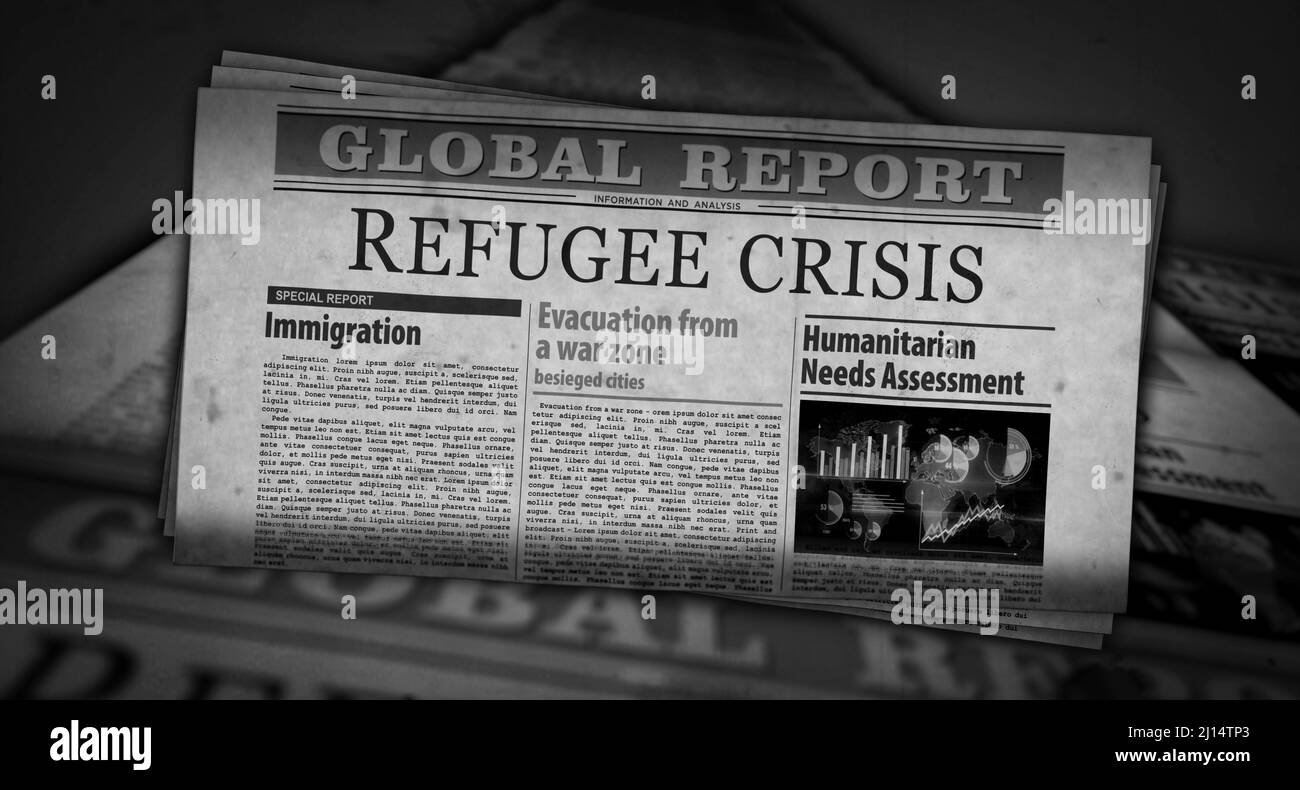 Stampa del giornale sulla crisi dei rifugiati. Concetto astratto della stampa vintage. Illustrazione del rendering retro 3D. Foto Stock