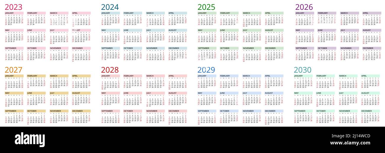 Calendario Planner 2023, 2024, 2025, 2026, 2027, 2028, 2029, 2030. Modello di calendario. Modello di stampa del progetto. La settimana inizia la domenica Illustrazione Vettoriale